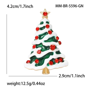 Green enamel Christmas tree brooch with white snow effect and red rhinestones, 4.2cm height