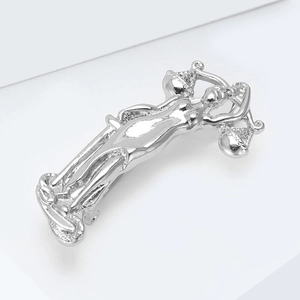 Macro detail of silver goddess brooch showing polished metal texture on white background