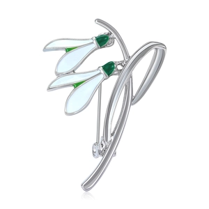 Vintage handmade snowdrop brooch in silver metal with white enamel petals for women