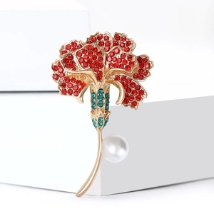 Elegant carnation brooch with red rhinestones, green crystal stem and large pearl drop
