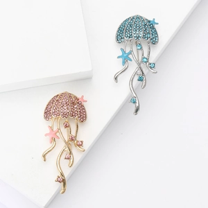 Ocean Theme Jellyfish Shaped Alloy Rhinestone Brooch With Starfish Detail Elegant Pin Jewelry For Women Coat Sweater Accessory