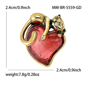 Cartoon alloy cat on red heart brooch with gold foil accents and size markers
