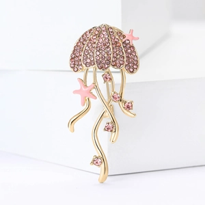 Elegant jellyfish brooch with pink rhinestones and enamel stars on gold-plated alloy