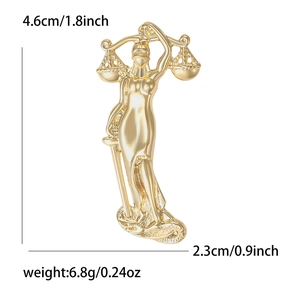 Golden Lady Justice brooch pin with scales and sword, antique Greek style metal accessory