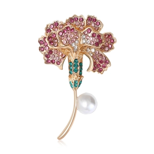 Eleganter Nelken-Blumenbrosche mit rosa Kristallen und weißer Perle in Goldfassung