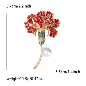 Elegant carnation flower brooch with red crystals and white pearl for women suits