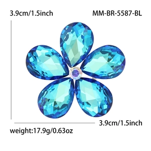 Détails de la broche fleur en cristal bleu avec strass et dimensions de la taille