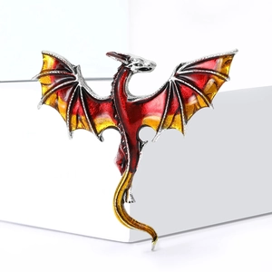 Artistic Western dragon brooch with red enamel wings and silver alloy finish