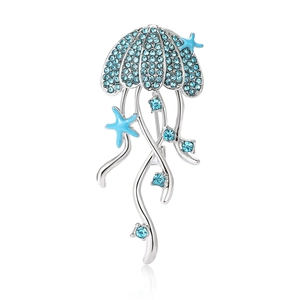 Eleganter Quallen-Anstecker in Silber mit blauen Kristallen und Seestern-Dekor