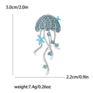 Elegant jellyfish brooch with blue crystals and starfish details, height 5.0cm