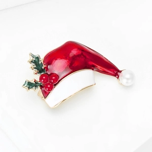 Minimalist Christmas hat brooch with red enamel and white pearl for festive outfits