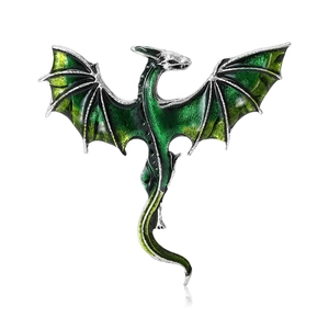 Exquisite green enamel western dragon brooch with silver-toned wings and intricate textures