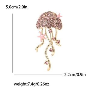 Sparkling jellyfish brooch with pink rhinestones in a gold-plated marine jewelry design