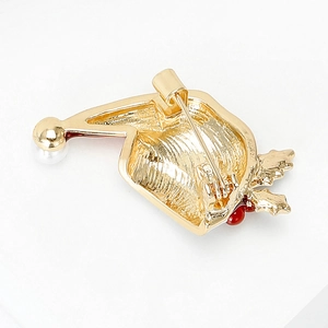 Christmas hat brooch with pearl and red enamel on a gold-plated alloy back view