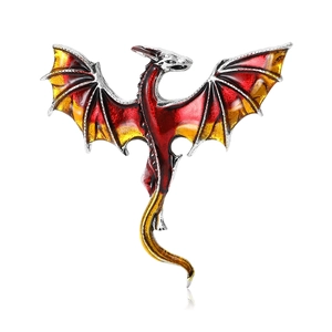 Fierce western dragon brooch with red enamel gradient and silver metal scale details
