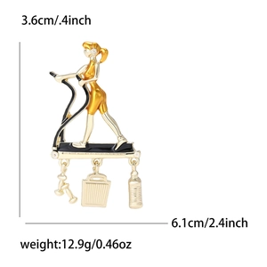 Creative fitness lady brooch with dangling dumbbell and water bottle charms