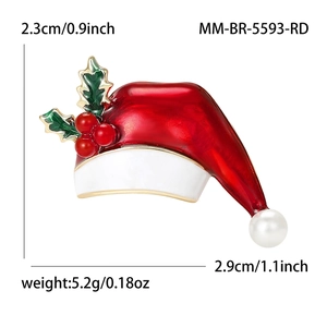 Minimalist red Christmas hat brooch with pearl and holly leaf for holiday accessories