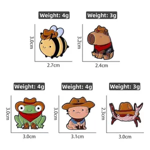 Detailed size chart for cowboy themed enamel pins featuring cute animals with weight info