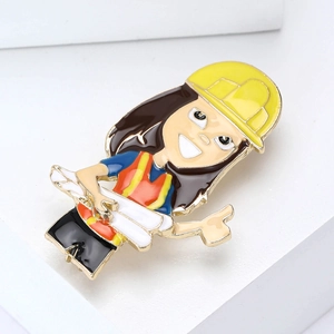 Creative cartoon engineer enamel brooch pin with yellow safety hat and orange vest