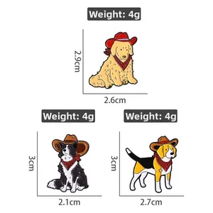 Detailed view of cute dog enamel pins with hat and scarf including size and weight specs