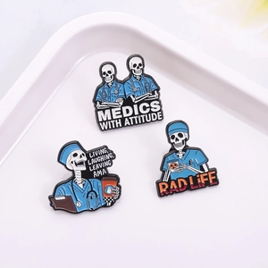 Skeleton medical enamel pins set with Medics With Attitude quotes for nursing scrubs