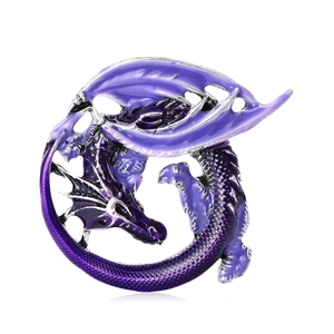 Elegant purple enamel dragon brooch pin with silver accents on a white background