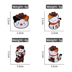 Detail of four cartoon cowboy cat enamel pins with size measurements and weight info