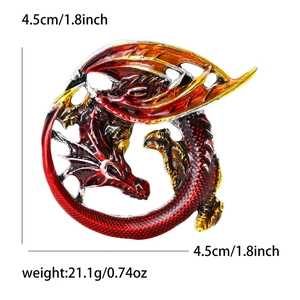 Regal dragon brooch with red enamel and gold metallic finish, measures 4.5cm and weighs 21.1g