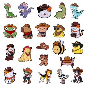 Cartoon Animal Cowboy Enamel Brooch Pins Zinc Alloy Western Hat Dinosaur Cat Capybara Badges For Clothes Backpack Fashion Jewelry Decoration Gift