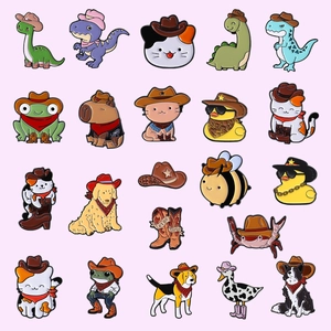 Set of 20 cute cartoon animal enamel pins featuring dinosaurs and cats with cowboy hats