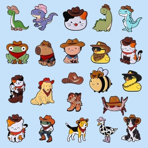 Set of 20 cartoon animal enamel pins with cowboy themes including cats and dinosaurs
