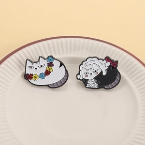 Creative funny cat enamel pins with colorful flower wreath and judge wig styling