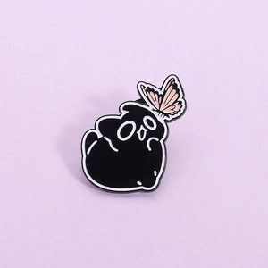 Cartoon black ghost enamel pin with pink butterfly, creative metal badge for accessories