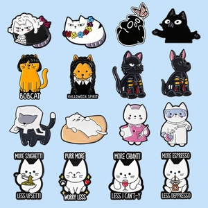Set of 16 cute cartoon cat enamel pins with various cosplay themes and fun slogan badges