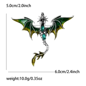 Dragon brooch pin with green enamel wings and gemstones for men's suit accessories