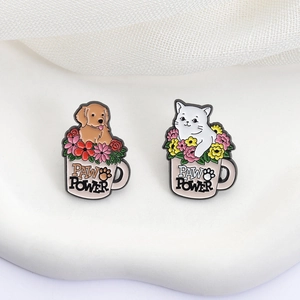 Cute PAW POWER enamel pins featuring dog and cat in floral cups with metal finish