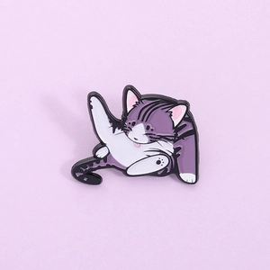 Creative cartoon enamel cat pin featuring a cute purple striped kitty grooming its fur