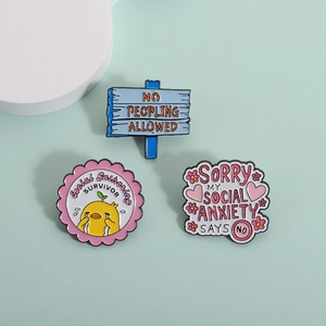 Funny social anxiety enamel pins set featuring little yellow duck and humorous quotes