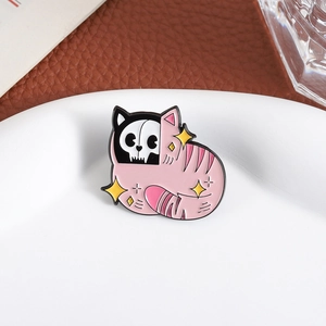 Gothic pink cat enamel pin featuring skeleton face and stars on white plate