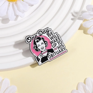 Macro shot of retro enamel brooch featuring a woman with tea and obituary quote text