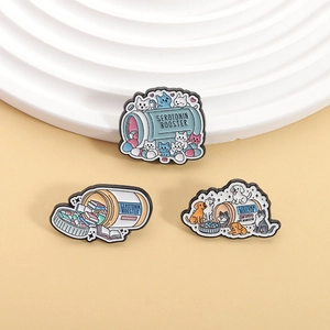 Detail view of Serotonin Booster enamel pins featuring cats and dogs on beige background