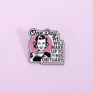 Elegant vintage lady enamel pin with coffee cup and quote on light purple background