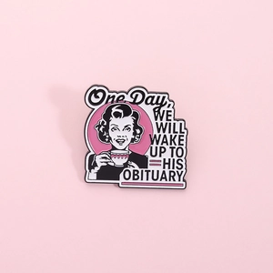 Detail of female enamel pin with tea cup and black humor text on pink background