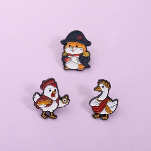 Three historical animal enamel pins featuring a hamster, rooster, and goose on purple background