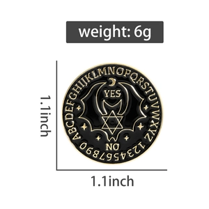 Detail view of 1.1 inch bat ouija enamel pin showing size and 6g weight specifications