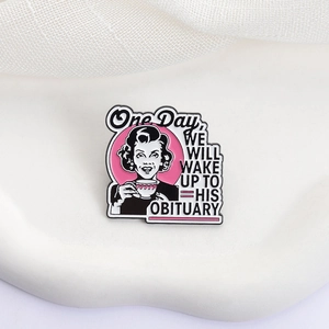 Elegant vintage enamel brooch featuring a woman with tea and a creative English quote
