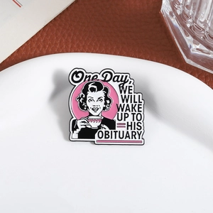 Elegant vintage enamel brooch featuring a tea-drinking woman with retro English text