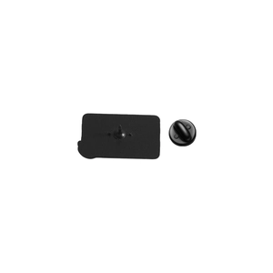 Detail view of the black matte metal badge back featuring a sharp pin and rubber clutch