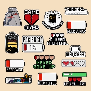 Funny enamel battery pins and gaming pixel badges in assorted alloy metal designs
