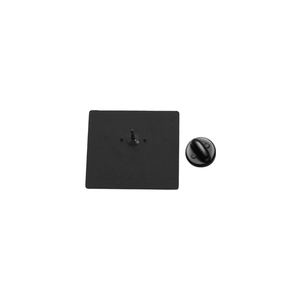 Detail view of square matte black metal pin back with a matching rubber butterfly clutch